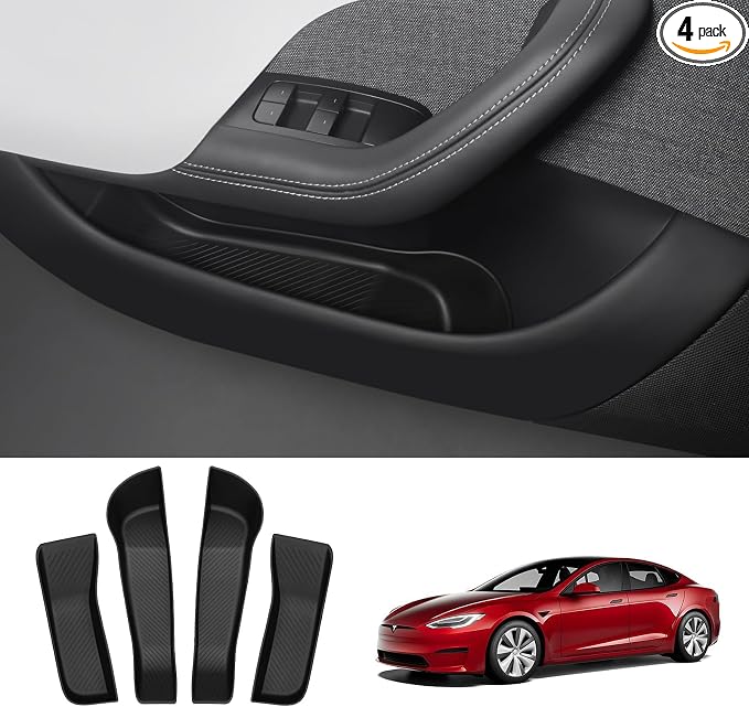 2021-2026 Tesla Model S Door Side Storage Box, Door Organizer Tray (Proprietary Design) Front Rear Slot Pockets, Protector Liner for Model S/S Plaid Accessories Set of 4