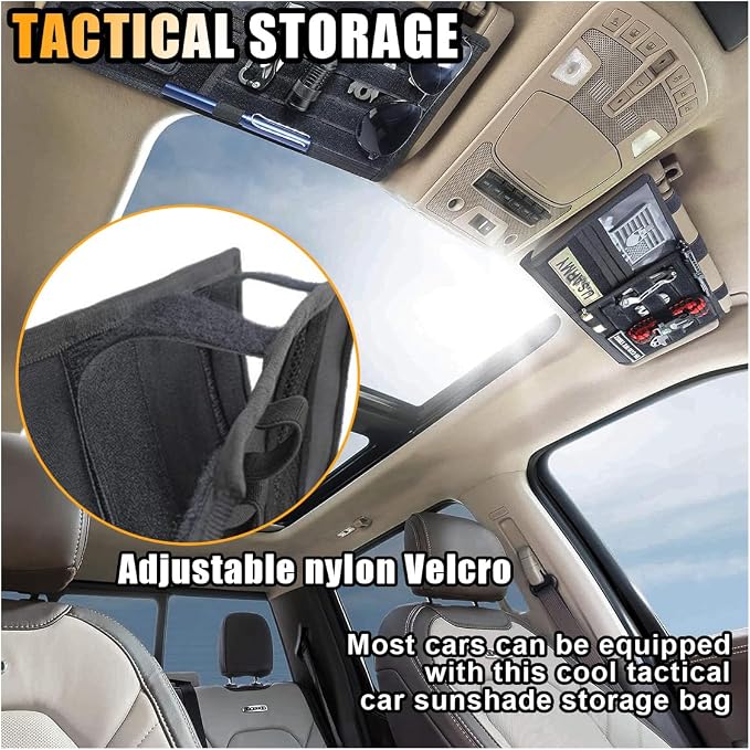 Tactical Molle Car Sun Visor Organizer, Large Molle Visor Panel Storage Pouch Holder, Tactical Gear Truck Storage Shelf, 600D Car Sunshade Storage Bag for Large Vehicle (Black)