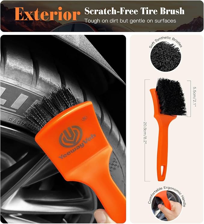 7PCS Motorcycle Cleaning Kit with 2-Size Bendable Wheel Brushes-Hard Reach Brush,Tire and Chain Brush, Boar Hair Detailing Brush, Wash Mitt & Microfiber Towel for Dirt Bike & Car Wheels