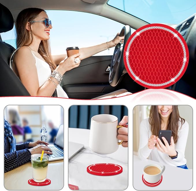 Car Coasters, 4 Pack Vehicle Bling Car Coaster, Universal Rhinestone Coaster for Cup Holders, Car Interior Accessories Silicone Car Coasters for Women(2.75'' Red, White Crystal Circle)