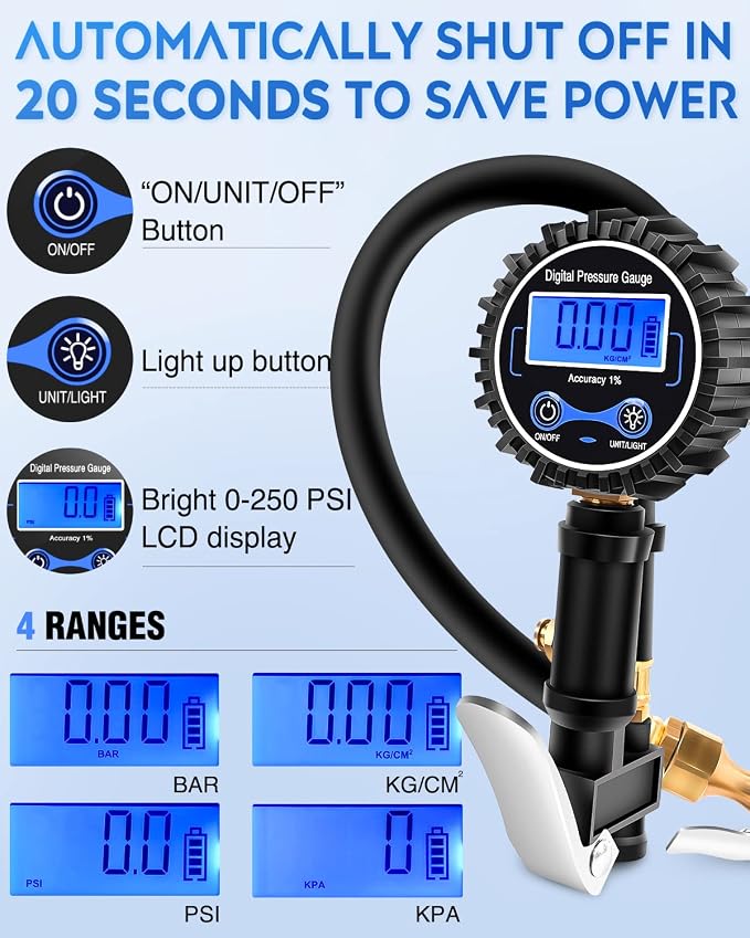 50057A Digital Tire Inflator Deflator with Pressure Gauge 250 PSI Air Chuck and Compressor Accessories with Rubber Hose and Quick Connect Coupler for 0.1 Display Resolution