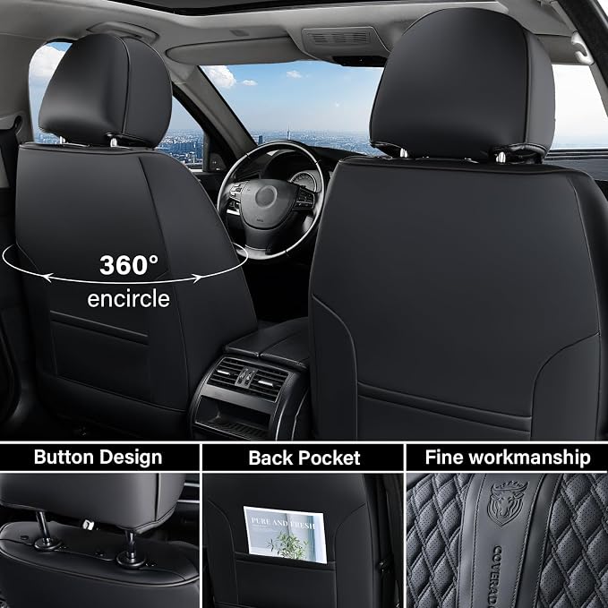Coverado Leather Seat Covers for Car, Waterproof Front Car Seat Covers with Lumbar Support Universal Fit for Most Sedans SUV Pick-up Truck(Black&Gray)