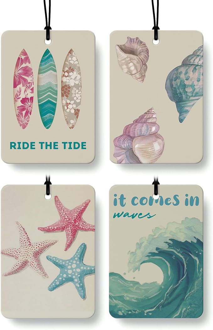 Coastal Beach Car Air Freshener 4 Pcs Coconut Scented, Ocean Waves Surfboard Conch Starfish Car Accessories Mirror Decor for Women, Beachy Hanging Air Freshener for Cars Closet Drawer Books