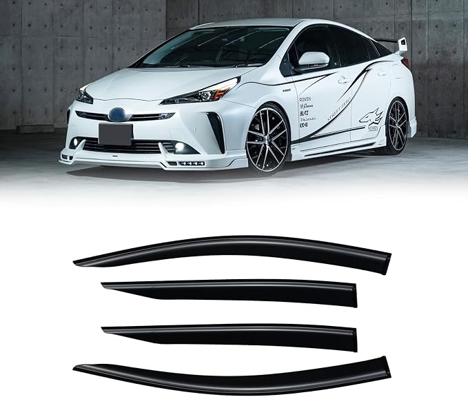Rain Guards for 2016-2022 Toyota Prius, Out-Channel Window Visor Shields Vent Deflector Shade Wind Dark Smoke 2017 2018 2019 2020 2021, Tape-On Outside-Mount, 4PCS