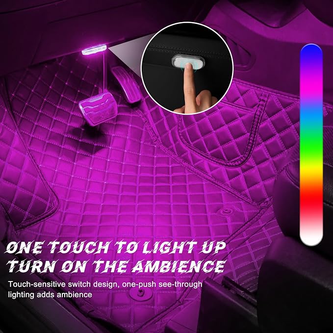 4 PCS Wireless Led Lights for Car Interior, 7 Colors Magnetic Auto Ambient Light with 6 Bright LED Lamp Beads, USB Rechargeable Vehicle Led Night Light, Car Accessories (Colorful)