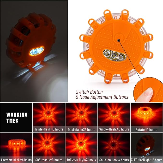 GP904B Rechargeable LED Road Flares Emergency Lights Kit Roadside Warning Car Traffic Safety Beacon Flashing Disc Flare 9 Modes Strobe with Magnetic Base for All Vehicles，4 Pack