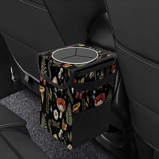 Car Trash Can with Lid Vintage Botanical Mushrooms Collapsible Reusable Leak-Proof Auto Garage Bag,Hanging Vehicle Car Accessories Interior Car Organizer