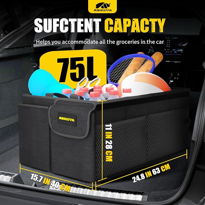 Car Trunk Organizer - 75L Collapsible Trunk Organizer with Lid, Sturdy Car Storage for SUV Auto Truck Van with Adjustable Straps and Non Slip Bottom (Black)