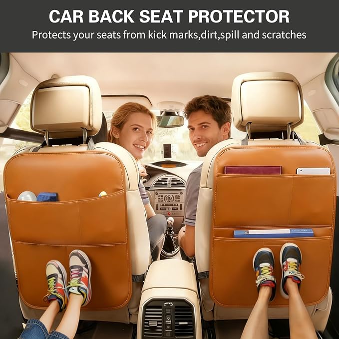 SUTSU Kick Mat Back Seat Protector， Waterproof Leather Car Seat Back Organizers Cover with 3 Storage Pockets for Kids Pets SUV Sedan Minivan Truck Car Travel Accessories (Wine Red 2-pack)