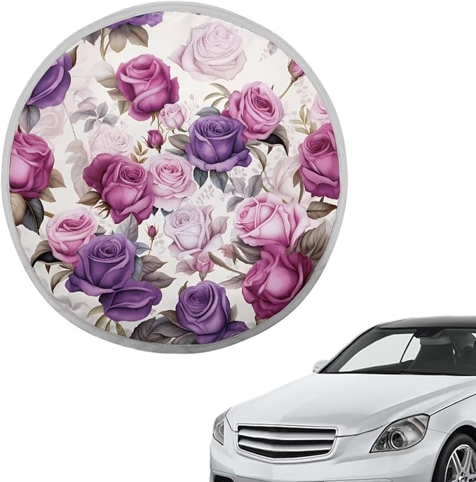 Car Steering Wheel Sun Shade Cover Anti Heat Steering Wheel Cover 17 Inch Vehicle Steering Wheel Sunshade for SUV Vehicle Sedan Truck Purple Rose Car Accessories for Women