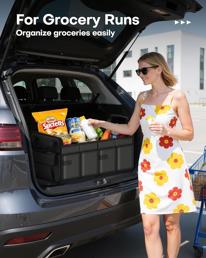 Trunk Organizer for SUV – Foldable & Portable Car Organizers and Storage with 2 Compartments, Large Capacity Car Trunk Organizer Car Accessories for Truck Sedan, Black, 23.6" x 14.2" x 11.8"