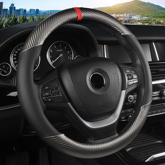 Classic Carbon Fiber Steering Wheel Cover, Universal 15 inch, Breathable Microfiber Leather, Gray