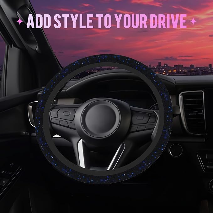 Blue Glitter Stars Steering Wheel Cover for Women Men Neoprene Breathable Starry Sky Wheel Cover Protector Anti-Slip Car Accessories Universal 15 Inch Fit for Cars Trucks Vehicles