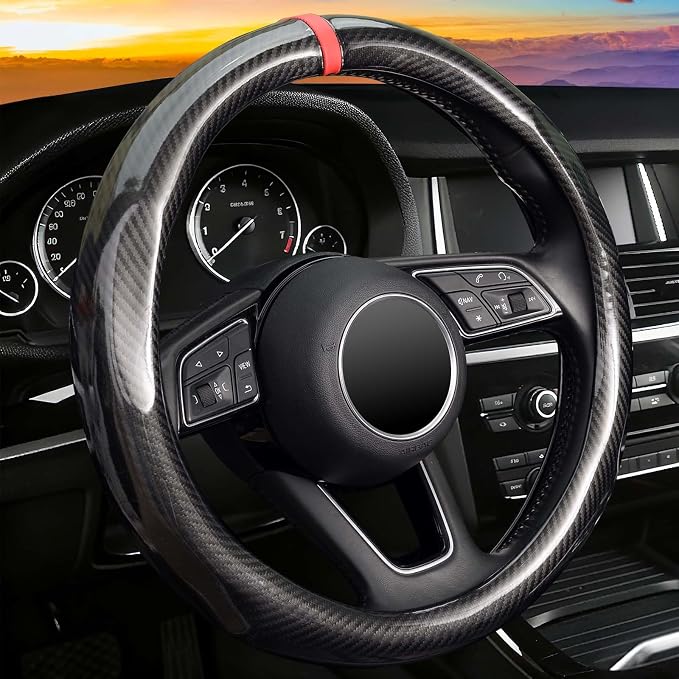 16 inch Steering Wheel Cover Carbon Fiber, Compatible Large-Size for F150 F250 F350 Ram 4Runner Tacoma Tundra Range Rover Model Car Accessories for Women Men