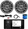 Marine Bluetooth AM/FM Radio Stereo LCD Digital Media Receiver Bundle with 2X 6.5 180W Gray Marine Speakers, 50 Feet 16-Gauge Speaker Wire, Antenna, USB/AUX Interface Mount