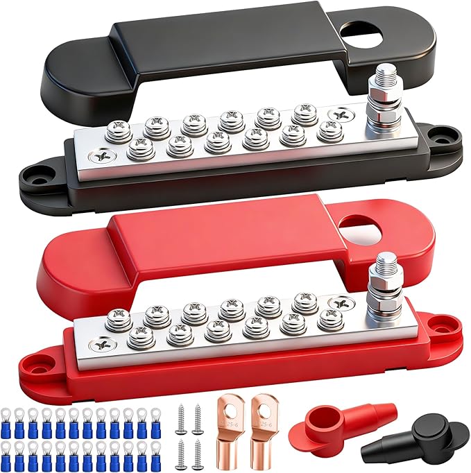 Marine Bus Bar 12V 150A 1/4" Stud Power Distribution Block, 12 Volt DC Battery Busbar, Automotive Buss Bar 12v for Car, Boat and Solar Wiring (Black+Red)