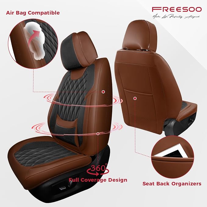 Black Brown Car Seat Covers Full Set - Faux Nappa Leather Seat Covers for Cars, Breathable Waterproof Front Seats Protector with Lumbar Support, Universal Fit for Automotive Sedan SUVs Pickups
