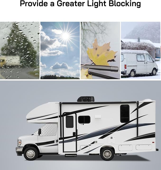 RV Windshield Cover for Chevy Express/GMC Savana 2001-2026, Class C Motorhome RV Front Window Sunshade Cover, for UV Protection & Privacy Shield, White with Mirror Cutouts