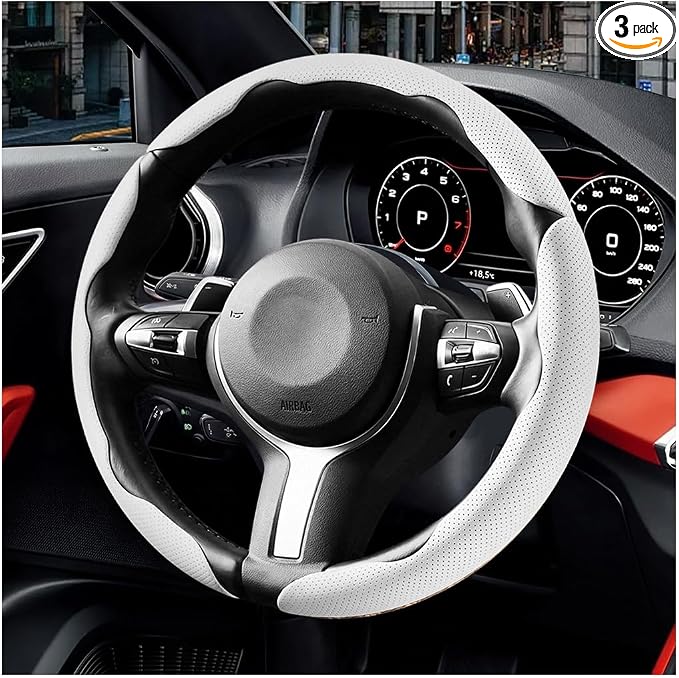 3PCS/Set Car Steering Wheel Cover, Leather Segmented Anti-Slip Automotive Wheel Protector, Soft Breathable Vehicle Steering Protection Covers, Universal Interior Accessories (White)