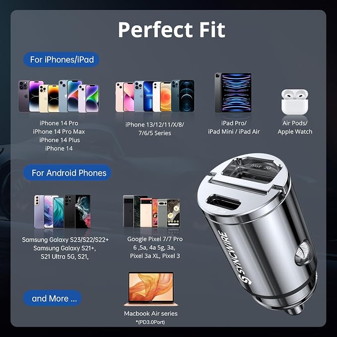 USB C Car Charger 90W [PD 45W & QC 45W] USB Car Charger Adapter Fast Charging [Super Mini & All Metal] Compatible with iPhone 15/14 Pro Max Plus 13 12 Samsung S23/S22/21 Note 22, Pixel, iPad