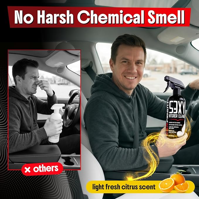 Tesla Interior Cleaner - White Seat & Stain Remover for Model 3, Y, X, S - Safe on Vegan Leather - Removes Dirt, Oils & Light Stains - No Residue - Light Citrus Scent - 16oz Kit