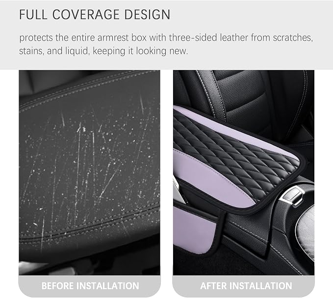 Patchwork Leather Center Console Covers for Cars,Upgraded Arm Rest Cover for Car with Side Storage Pocket for Car Seat Organizer,Middle Console Cover Stylish Car Decoration (Taro Purple)