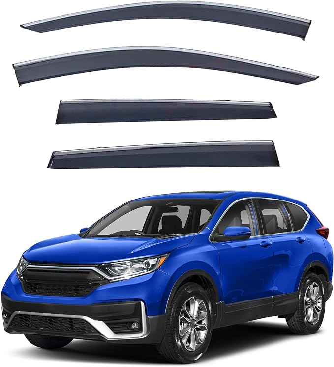 4pcs Smoke Tint with Chrome Trim Outside Mount Tape On/Clip On Style PVC Sun Rain Guard Vent Window Visors Compatible with 2017-2022 CRV CR-V