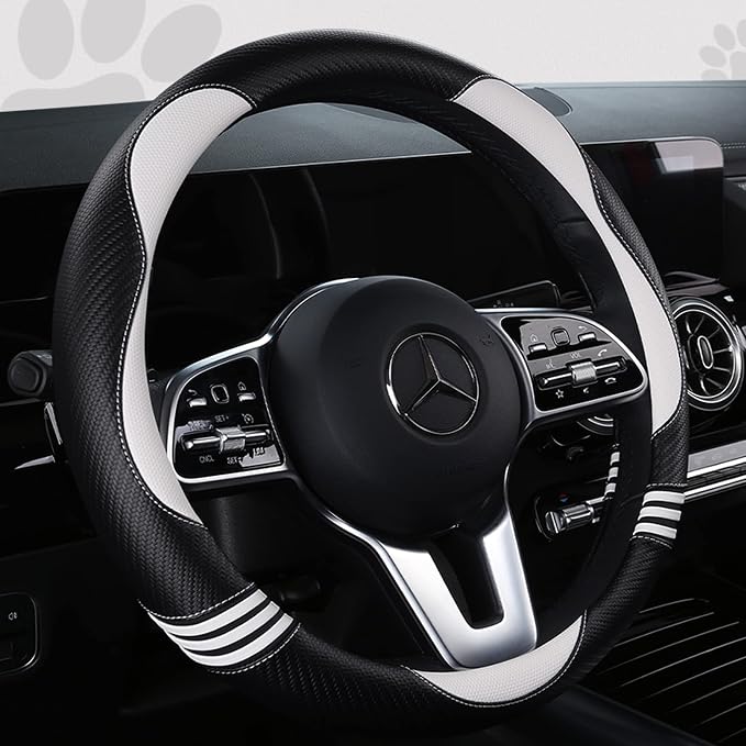 Car Steering Wheel Covers for Women Padded Carbon Fiber PU Leather Cute Auto Interior Accessories for Vehicle, Sedan, Universal, Anti Slip, White, Standard Size, 14.75-15.15in