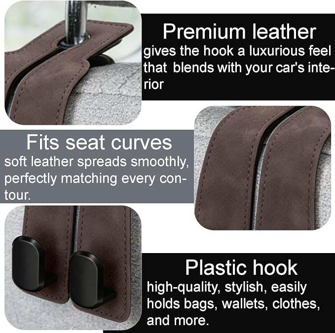 Car Seat Hooks Dual Hangers Storage Organization Gadgets Accessories 2 Pack | Headrest Holder for Purses, Bags, Coat and Handbag, 360° Rotating, Car Interior Gadgets Universal for Truck, ATV, RV - Brown
