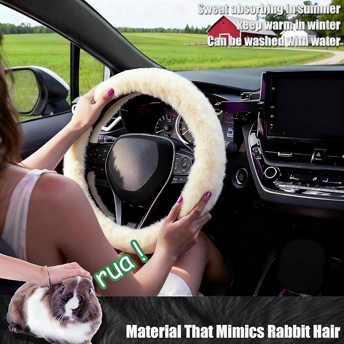 Furry Car Steering Wheel Cover, Fluffy Soft Warm Plush Non-Slip, 14 1/2-15 inch, for Women Girls, Pearl