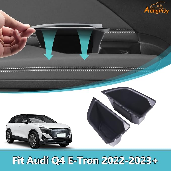 Rear Door Side Storage Box Compatible with Audi Q4 E-Tron 2022 2023 2024 2025, 2PCS Car Back Door Side Armrest Grab Handle Groove Storage Organizer Tray Pocket Slot Mat Insert ABS Accessories