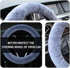 Fuzzy Steering Wheel Cover, 15 inch Soft Wool Fur Steering Wheel Protector, Fluffy Wheel Covers for Winter Warm, Car Interior Decoration Accessories for Women Men (Grey)