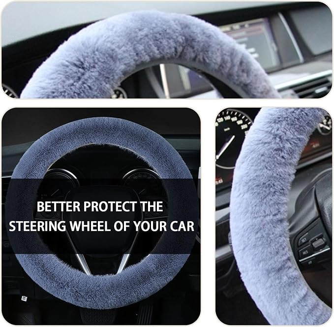 Fuzzy Steering Wheel Cover, 15 inch Soft Wool Fur Steering Wheel Protector, Fluffy Wheel Covers for Winter Warm, Car Interior Decoration Accessories for Women Men (Grey)