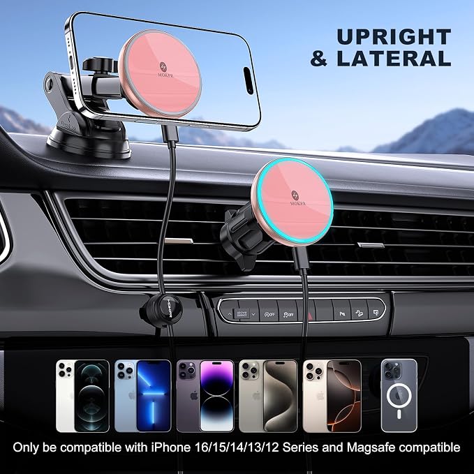 for Mag-Safe Car Mount Charger, Magnetic Phone Holder for Your Car Charger Dash Windshield Vent Magnetic Wireless Car Charger Mount for iPhone 17 16 15 14 13 12 Pink