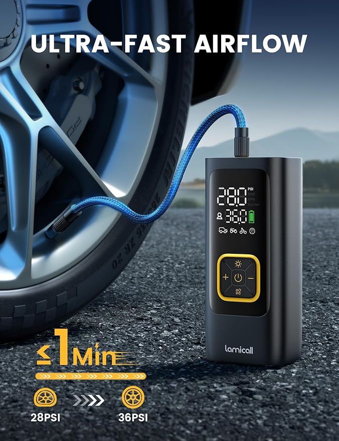 Car Tire Inflator Portable Air Compressor - [4X Faster][150 PSI] Bike Air Pump, Rechargeable Battery, Pressure Gauge Display, LED Light, Automatic Car Cordless Pump for Motorcycle, Bike, Ball