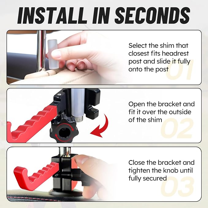 Heavy Duty Steel Bow Hanger for Truck, Red Wave Anti-Slip Hook & Upgraded Twist-Lock Clamp, Universal Compound Bow Holder with 3 Shims for 10-14mm Headrest, Archery Hunting Gear Safe Storage