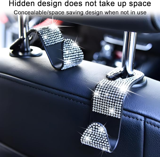 Mandark 4PCS Bling Car Seat Headrest Hooks, Crystal Rhinestone Vehicle Seat Back Hanger for Grocery Purses Handbags, Diamond Auto Seatback Storage Organizer Hanger, Universal for Most Cars (White)