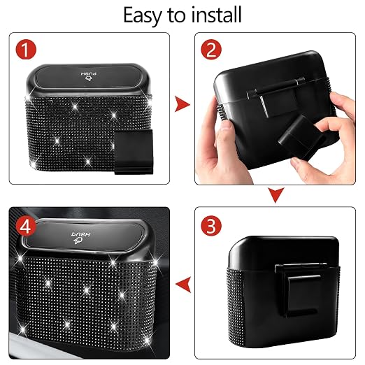 Bling Car Trash Can with Lid - 2 Pack, Mini Auto Garbage Can with 60 Trash Bags, Automotive Garbage Container Bin, Bling Car Accessories Trash Can for Women (Black Diamond)