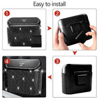 Bling Car Trash Can with Lid - 2 Pack, Mini Auto Garbage Can with 60 Trash Bags, Automotive Garbage Container Bin, Bling Car Accessories Trash Can for Women (Black Diamond)