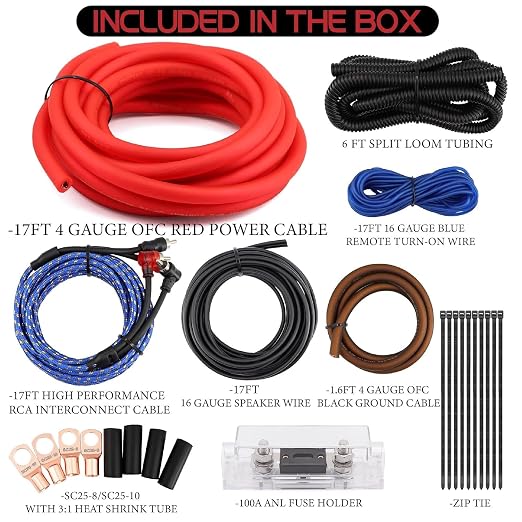 4 Gauge OFC AMP Wire Kit 2000 Watt Car Subwoofer Wiring Install kit for Amplifier Power,Radio and Speakers