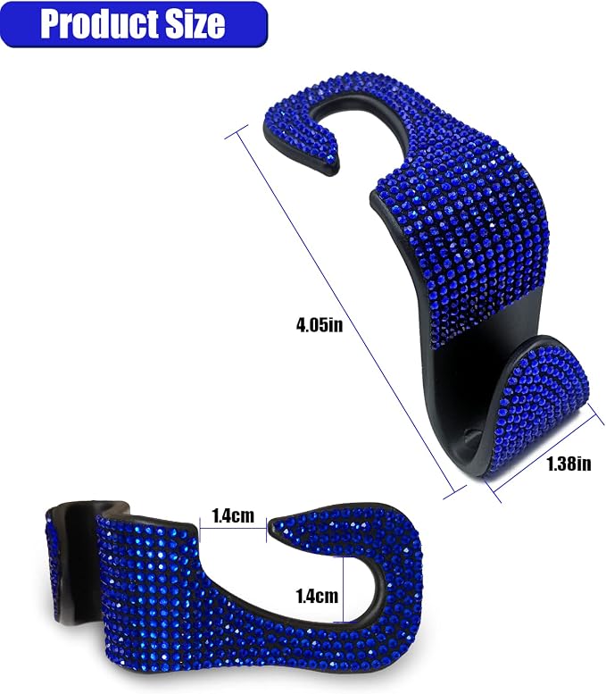 2PCS Car Seat Hooks, Bling Car Rhinestone Headrest Hooks, Universal Bling Car Interior Accessories, for Handbag, Clothes, Purse, Water Bottle (Blue)