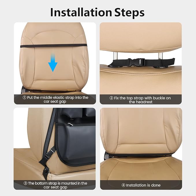 Car Seat Organizers Waterproof Backseat Protector with Storage Pocket Large Leather Kick Mats for Kids Pets Automobile SUV Truck (Black, Large Pocket)