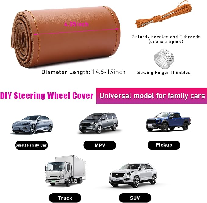 Genuine Leather Steering Wheel Cover, Stitch on Wrap, Breathable Anti-Slip Car Steering Wheel Protector for Max Diameter 15 Inch, DIY Sewing with Needles Thread (Brown, Glossy)