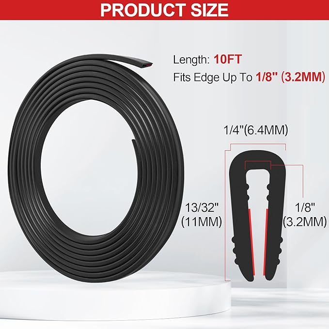 Rubber Edge Trim U Channel - 1/8" Self Adhesive Sheet Metal Edge Guard Protector, EPDM Seal Strip for Car Doors, Steel Plates, Glass, Hatches, Table Corners, Fit 1/8"(3.2mm), 10Ft, Black