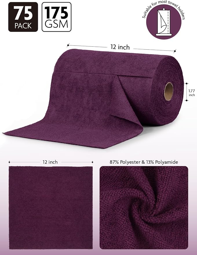 Microfiber Cleaning Cloth Roll-75 Sheets, 12"x12"(DeepPurple) | Super Absorbent, Lint-free, Tear-away Microfiber Towel Roll, for All-Purpose Cleaning