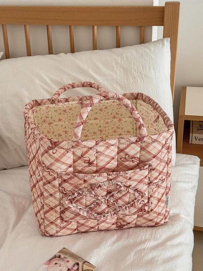 Floral Fabric Storage Basket Car Interior Storage Basket Underwear Sundries Laundry Baskets Supplies Home Organizer Bag (red bow)