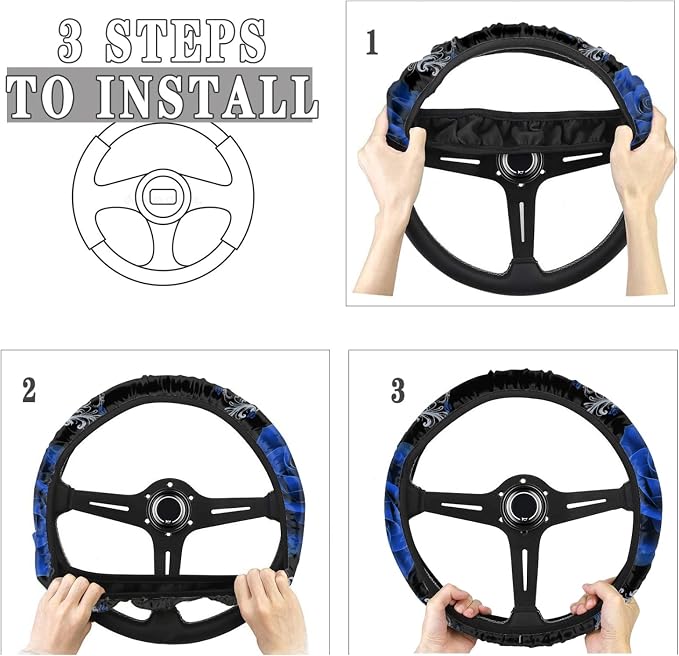 Car Steering Wheel Covers Universal 15 inch Fit Almost Car Blue Rose Steering Wheel Covers Comfortable Soft Sweat Absorbing Steering Wheel Stretch-on Protector Cover Auto Decoration