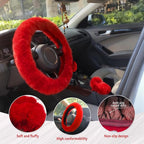 Fluffy Steering Wheel Cover 3PCS Set – Plush Fuzzy Fur Steering Wheel Cover with Gear Shift Cover & Handbrake Cover, Winter Warm Car Accessories, Car Interior Accessories for Women (RED)