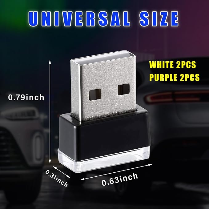 4 PCS USB LED Car Interior Atmosphere Lamp, Plug-in USB Decor Night Light, Portable Auto Ambient Lighting Kit, Universal Vehicle Interior Accessories for Most Cars (White & Purple)