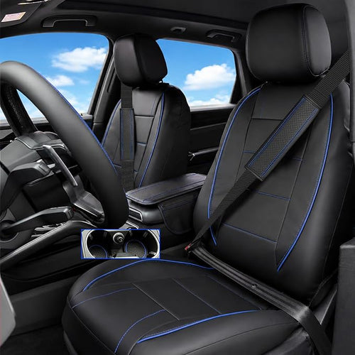 14 PCS Leather Car Seat Covers Full Set, 14.5”-15'' Sporty Steering Wheel Cover Universal, Center Console Cover, Seat Belt Cushion, Cup Holder Coaster, Car Interior Set Blue